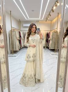Élégant ensemble salwar en soie brodée blanche avec dupatta, longueur ras du sol, tenue traditionnelle indienne et pakistanaise pour femmes, toutes saisons - Product Image 3