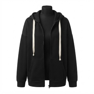 Men's Heavyweight Black <b>Full</b>-<b>Zip</b> <b>Hoodie</b> Oversized Casual Athletic Sportswear Daily Streetwear Jacket With Thick Drawstrings - Product Image 4