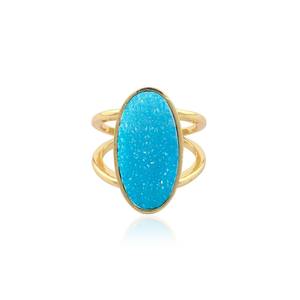 Premium handmade natural sugar druzy agate <b>ring</b> sky blue oval gemstone 18k gold plated brass <b>adjustable</b> jewelry gifts for women - Product Image 1