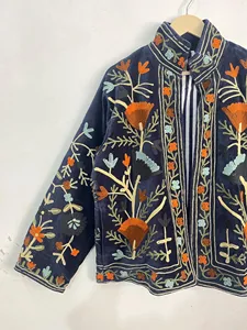 Boho Suzani Embroidered Velvet Jacket <b>Women</b> Navy Blue Ethnic Short <b>Coat</b> Stylish Winter Autumn Wear - Product Image 4