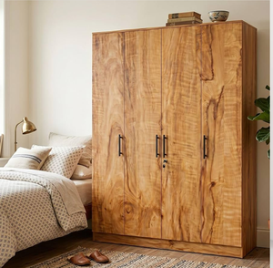 A traditional carved wooden <b>wardrobe</b> featuring a center <b>mirror</b> <b>door</b> and floral embellishments, available at wholesale prices. - Product Image 4