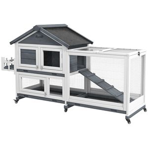 Lussuosa Conigliera in Legno Grigio da 65 Pollici con Ampio Recinto e Tetto Apribile per Conigli di Taglia Media e Piccoli Animali - Product Image 1