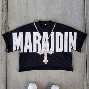 Custom Graphic Print Blue Cropped T Shirts Oversized Drop Shoulder Rhinestone <b>Cross</b> <b>Chain</b> Women Streetwear Crop Top Short Sleeve - Product Image 4