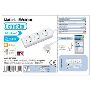 Enchufe de 3 orificios ALARGADOR 3 BASES CON CABLE 1.5M-3G1.0MM Producto de Seguridad Eléctrica - Product Image 1