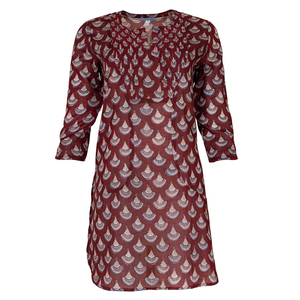 OFERTA Blusa Larga Estilo Kurta 3 Color Borgoña con Motivo de Concha 100% Algodón Estampado en Bloque con Pliegues - Product Image 3