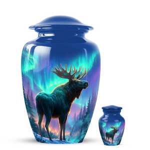 Urna Funeraria para Cenizas Humanas, Diseño Alces y Aurora Boreal, Recuerdo Conmemorativo de la Vida Silvestre, Color Azul - Product Image 4