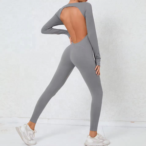 Combinaison de sport pour femme, couleur unie, dos nu, manches longues, longueur intégrale, sans couture, col rond, extensible dans les quatre sens, pour le yoga - Product Image 4