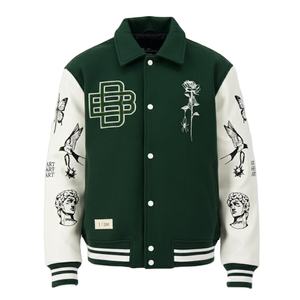 Veste de sport verte pour homme avec logo brodé et motif rose, col rabattu, coupe classique, style preppy unisexe, vêtement d'automne - Product Image 1
