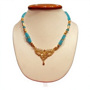 Colgante de oro macizo de 22 quilates con collar de cuentas azules para mujer, 2.620 g, joyería india hecha a mano, collar elegante de oro auténtico - Product Image 1