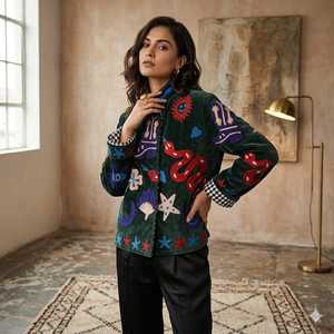 Suzani Embroidered Quilted Knitted Velvet Bomber <b>Jacket</b> Handcrafted Floral Boho Statement Wear Full Sleeve Eco-Friendly Autumn - Product Image 1