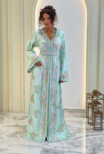 Mint <b>Green</b> <b>Silk</b> Kaftan Dress Women Embroidered V Neck Long Sleeve Modest Muslim Abaya Eid Party Gown - Product Image 3
