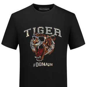 Camiseta de Hombre con Estampado de Tigre y Pedrería, Ligera, Holgada, de Mezcla de Algodón, Manga Corta, Cuello Redondo, Estilo Urbano - Product Image 1
