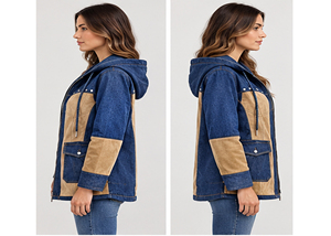 Denim Hooded Jacket for Women Blue Tan Vintage Winter Utility Jacket Contrast Panels Zip Front Casual Distressed Wash - Product Image 4