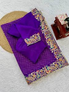Sari de Georgette Bordado Royal Bandhani, Sari de Fiesta Bordado Regal, Tela de Seda Mono Pesada con Estilo Romántico - Product Image 6