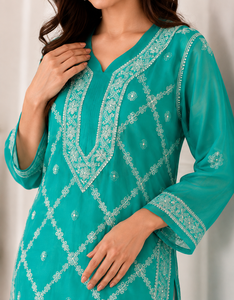 Exclusive Indian Georgette <b>Chikankari</b> Kurti Designer Sea Green Thread Embroidered Long Ethnic Wear for Women Wholesale - Product Image 2