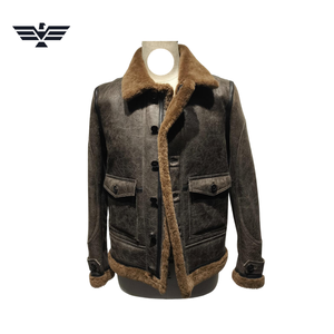 Blouson aviateur en cuir véritable pour homme, doublure en fausse fourrure, col rabattable, simple boutonnage, imperméable, à capuche, pour l'hiver - Product Image 2