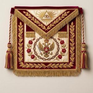 Insignia Masónica de Terciopelo Borgoña, Cuadrada 3D para Coser, con Bordado Dorado, Flecos y Borlas, Correa Ajustable, Tamaño Personalizable - Product Image 1
