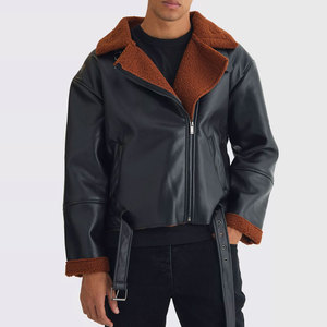 <b>Men's</b> Genuine Leather <b>Shearling</b> Jacket With Zipper Closure Winter Moto Style Thick Warm <b>Coat</b> Black Color Regular Fit - Product Image 1