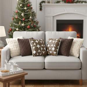 Juego de 6 Fundas de Cojín Decorativas SOGA, Color Marrón Chocolate, Tejido con Pompones Crema, Diseño Geométrico Retro - Product Image 6