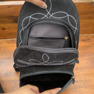 Western Hand Tooled & <b>Boot</b> Stitch <b>Black</b> Suede Leather Chest Bag with Backpack Floral Conceal Carry Crossbody Sling Bag for Women - Product Image 6