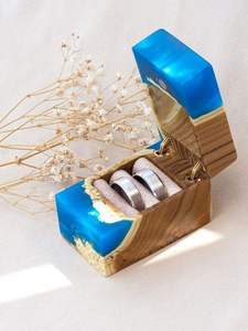 Boîte à bague de luxe en bois et résine époxy bleue, faite à la main, pour fiançailles, mariage, cadeau, boîte de rangement décorative haut de gamme - Product Image 4
