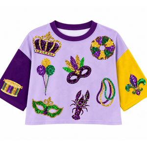 Eleganter Großhandels-Brauner Damen-Langarm-Rundhals-Pullover mit Mardi Gras Pailletten-Glitzer und „Pour Me Something Mister“ Buchstaben-Grafik - Product Image 3
