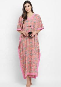 Français Rose Rose Main Bloc Floral Imprimé Tie-Up Taille 100% Coton Caftan Belle Robe De Nuit Pour Jolies Dames - Product Image 2