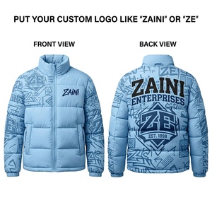 Premium 500g Cotton Puffer <b>Jacket</b> Quilted Winter Coat <b>Light</b> Blue Printed Panels Hooded <b>Waterproof</b> Windproof Garment Dyed Full - Product Image 1