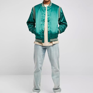 Veste en satin vert pour homme avec empiècements rayés contrastants, coupe classique, couleur unie, fermeture à boutons-pression, vêtements décontractés, services de vente en gros - Product Image 1
