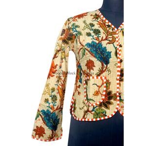 Indian Handmade 100% Cotton Knitted Printed Stripe Breathable Quilted <b>Jacket</b> <b>Short</b> Stylish Bohemian Women's Autumn Reversible - Product Image 2