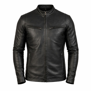 Nayab Industries <b>Men's</b> Genuine <b>Leather</b> Slim Fit Biker <b>Jacket</b> Stand Collar Zipper Closure Regular Sleeve Solid Color Autumn Wear - Product Image 1