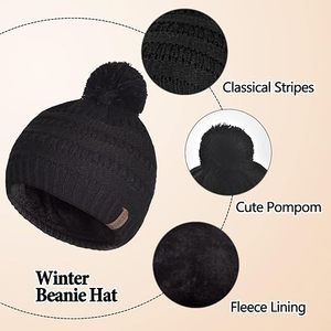 Black Pom Pom Knit 100% Acrylic Cute Beanie Hat Gloves <b>Scarf</b> 3 Piece Winter Set for Women <b>Men</b> Casual - Product Image 2