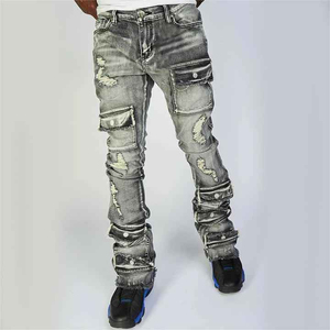 Jeans en denim stretch pour homme, coupe classique, style gothique, 100% coton, marron et noir, vente en gros - Product Image 1