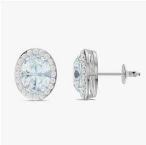 White Gold Plated Aquamarine Oval Halo Stud Earrings in 925 Sterling <b>Silver</b> Elegant Blue Gemstone for Wedding & Party - Product Image 1