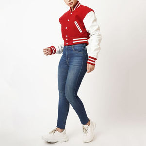 Womens Red Regular Varsity Jacket <b>White</b> Sleeves Letterman Bomber Jacket Rib Collar Cuffs Snap <b>Button</b> College Streetwear - Product Image 3