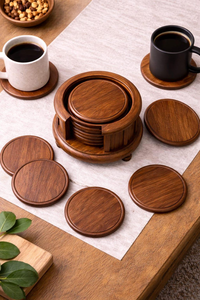 Solid Mango Wood Coaster <b>Set</b> with Holder Round Rustic Drink Coasters for Coffee Cups <b>Mugs</b> Glasses Dining Table Kitchen and Home - Product Image 3