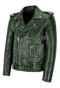Veste de motard en cuir vert pour homme avec fermeture éclair et poche poitrine - Product Image 3