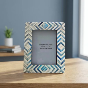 Handmade Waterproof <b>Beads</b> <b>Art</b> Buffalo Horn Wood Photo Frame 4x6 Inch Blue White Inlay Square Tabletop Decor Made Uttar Pradesh - Product Image 3