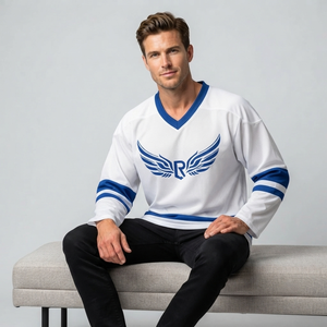 Camiseta de Hockey sobre Hielo a Rayas Blancas y Azules, Cuello en V, Manga Larga, Impresión Sublimada para Niños, Ropa Deportiva de Malla Transpirable - Product Image 4