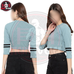 Haut court chic à col rond et manches rayées, en coton mélangé respirant, côtelé, minimaliste, à manches longues, style streetwear pour femme - Product Image 4