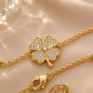 Gold Plated <b>Clover</b> Anklet With Zircon Stones Women's Fashion Jewelry Romantic Plant Pattern <b>Bracelet</b> Gift - Product Image 4