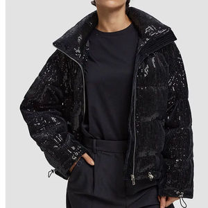 Manteau d'hiver court décontracté pour femme 2025, noir, à sequins dorés, col montant, matelassé, avec fermeture éclair - Product Image 5