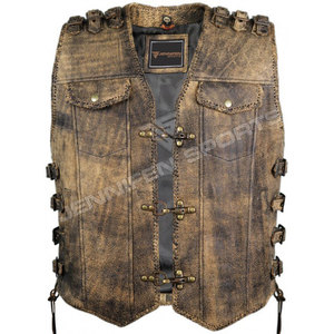 Gilet de moto en cuir véritable de style antique, fabriqué à la main, conçu pour les motards recherchant une robustesse durable et un design classique. - Product Image 1