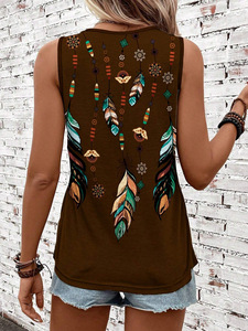 เสื้อกล้ามผู้หญิงสำหรับฤดูร้อน ลายขนนก คอกลม แขนกุด สไตล์วินเทจ ทรงหลวม - Product Image 2