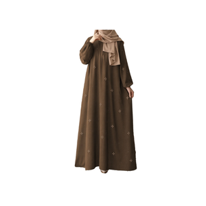 Beige Floor Length <b>Abaya</b> With Black Floral Embroidery High Neck Long Sleeve Modest Women's Daily Wear Middle East Style <b>Abaya</b> - Product Image 4