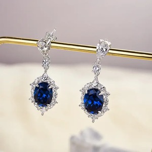 925 Moissanite Luxurious Halo Oval Cut Blue Sapphire Women's <b>Earrings</b> In Sterling Silver 18K White Gold Plated <b>Fine</b> <b>Earrings</b> - Product Image 1