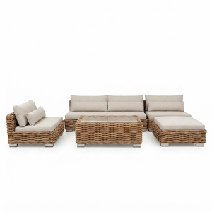 Outdoor <b>Rattan</b> Woven Sectional <b>Sofa</b> Set Mahogany Wood Frame Wicker Furniture Glass Table Lounge Chair Ottoman Setup Art - Product Image 1