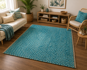 Handmade Turquoise Cotton Area <b>Rug</b> Flat Weave Solid Color Carpet Modern <b>Boho</b> Living Room Floor <b>Rug</b> Decor - Product Image 3
