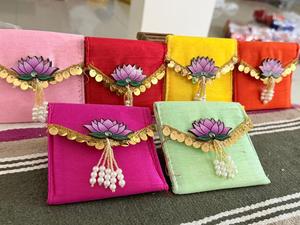 <b>Mini</b> Lotus coin <b>Pouches</b> clutch in Multiple colors Lehriya Gotta Patti with lotus button for Wedding pooja Gifting Indian favors - Product Image 5