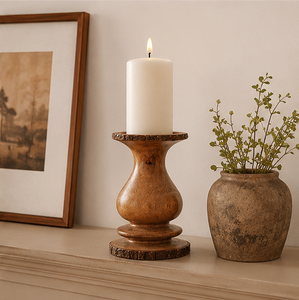 Rustic Wooden Candle Holder With Natural Bark Edge Hand-Carved Turned Wood Pillar Candle Stand For Farmhouse Table Centerpiece - Product Image 2